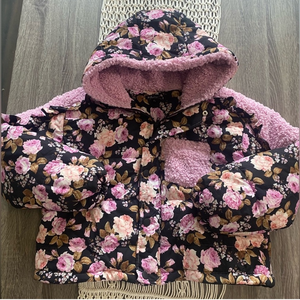 For Love and Lemons floral‎ sherpa puffer hooded jacket
